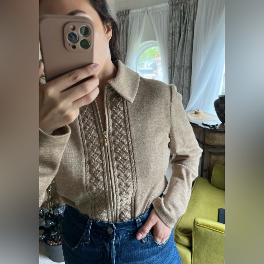 St John Zip Knit Heather Collar Cardigan Light Tan Brown Vintage